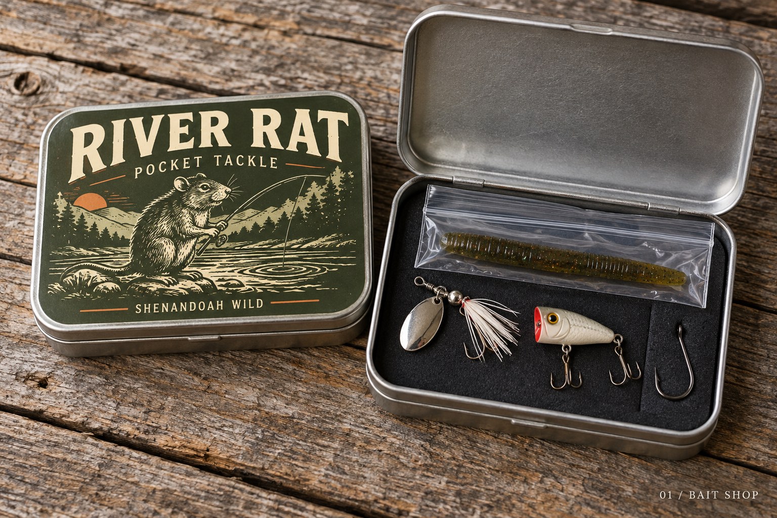 River Rat concept mockup: olive illustrated tin beside an open pocket tackle kit